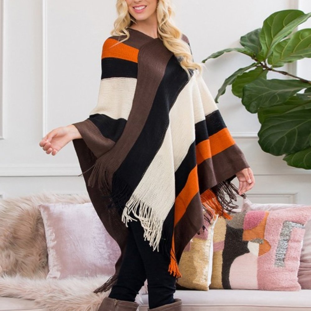 COLOR BLOCK FRINGE PONCHO - Picture 2 of 4